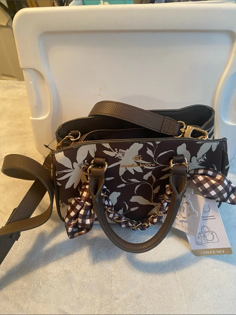 Nanette Lepore Brown and Cream Floral Satchel with Gingham Scarf